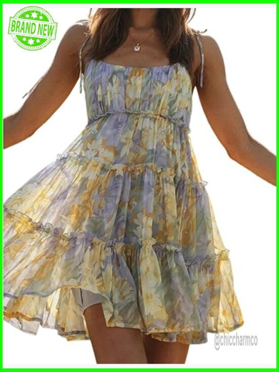 Dresses & Skirts - Flowy Spaghetti Strap Ruffle Mini Sundress Boho Beach Skater Dress